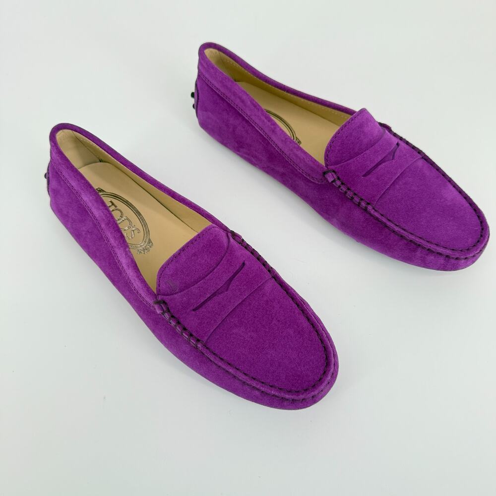 Tod’s Gommini Purple Suede Loafers Size 7.5 EU 38 Womens Driving Flats Italy New - Picture 3 of 9